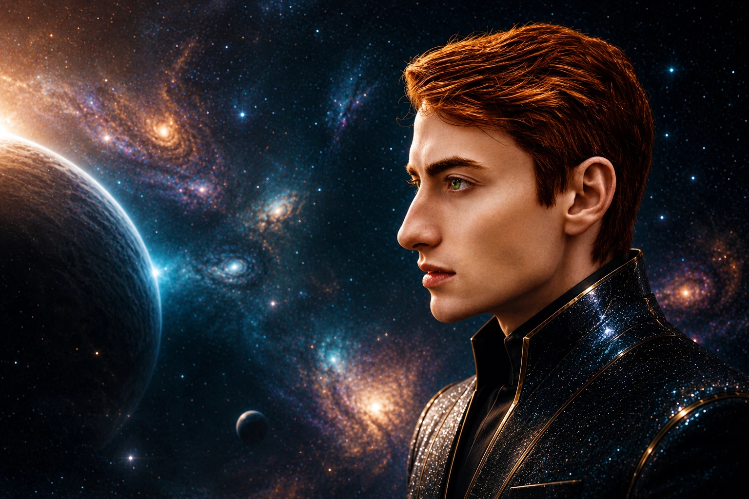 Joshua in profile against a space-inspired background