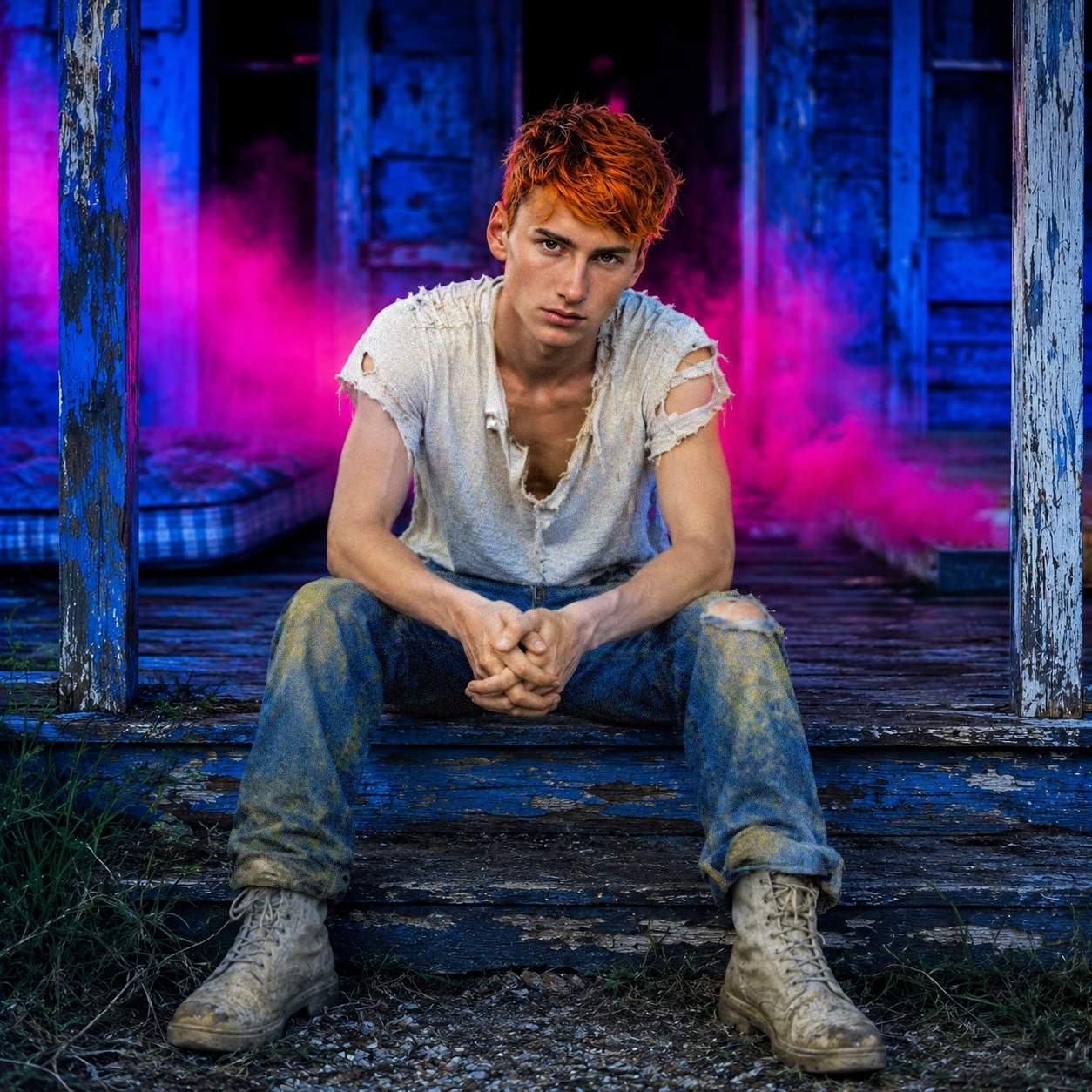 Joshua Dudley seated against a blue and magenta backdrop