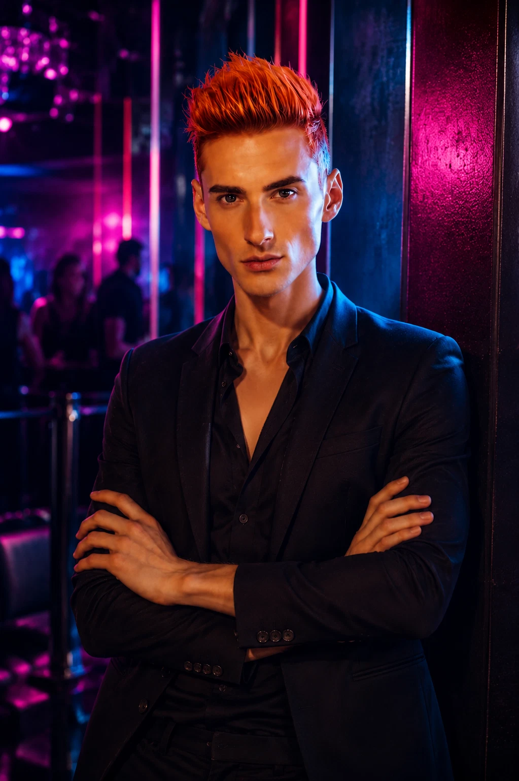 Joshua in a black suit against neon lights